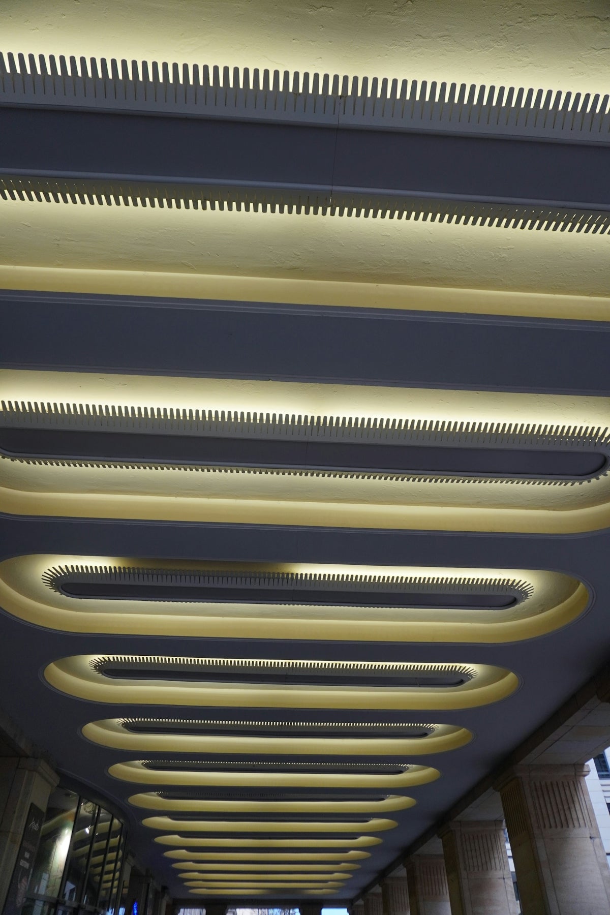 Modern ceiling with illuminated oval shapes and linear lights