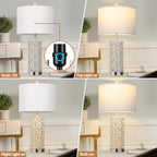 Cinkeda 24.5" White Tiffany-Style Table Lamp Set of 2, 3-Level Dimming Night Light Bedside Lamps with Dual USB Ports for Living Room Bedroom