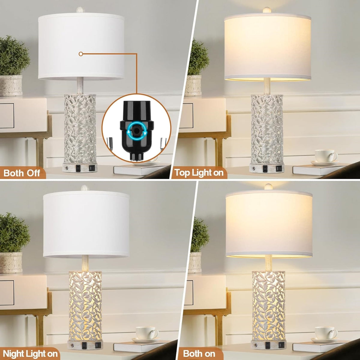 Cinkeda 24.5" White Tiffany-Style Table Lamp Set of 2, 3-Level Dimming Night Light Bedside Lamps with Dual USB Ports for Living Room Bedroom