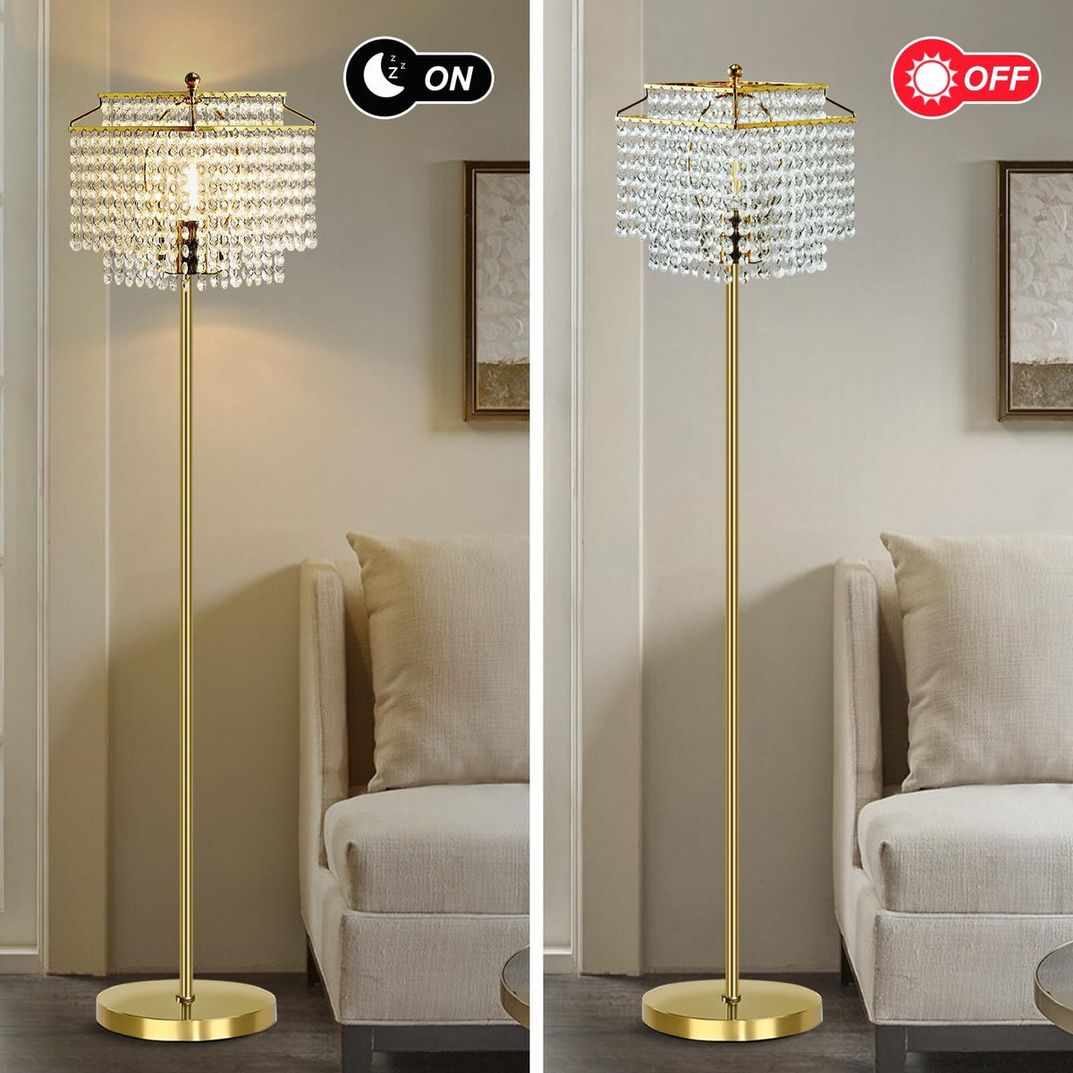 Cozylumi™ Gold Crystal Floor Lamp , Modern Standing Lamps with Double-Layer Lampshade