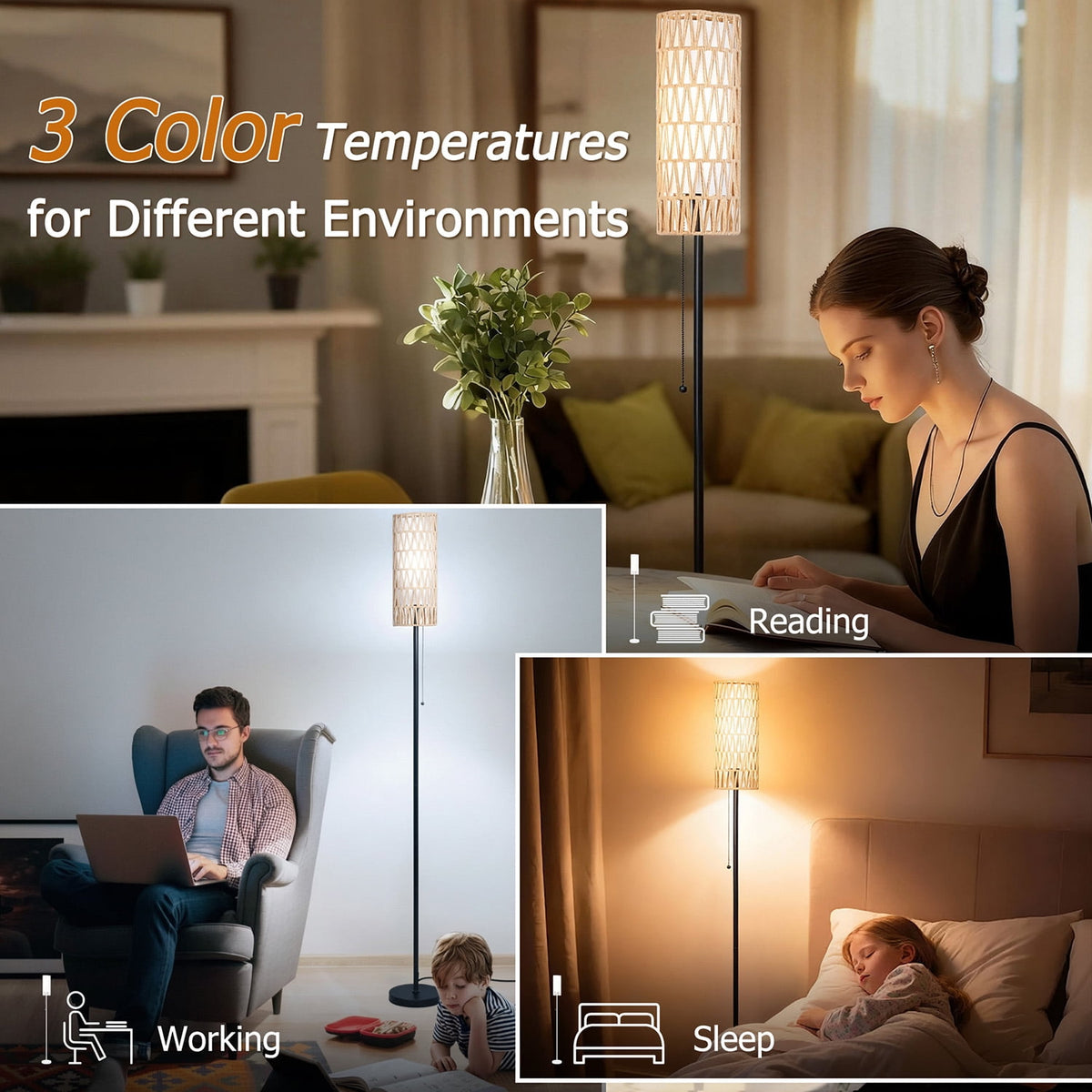 Cozylumi™ Vesteel Floor lamp for Living Room, Farmhouse Rattan Floor Lamp with 3 Color