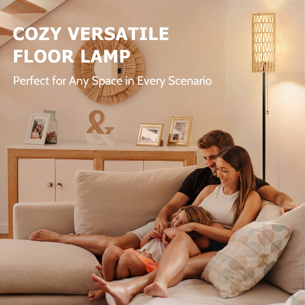 Cozylumi™ Coliware 63? Rattan Floor Lamp, Black Modern Standing Lamp with Pull Chain