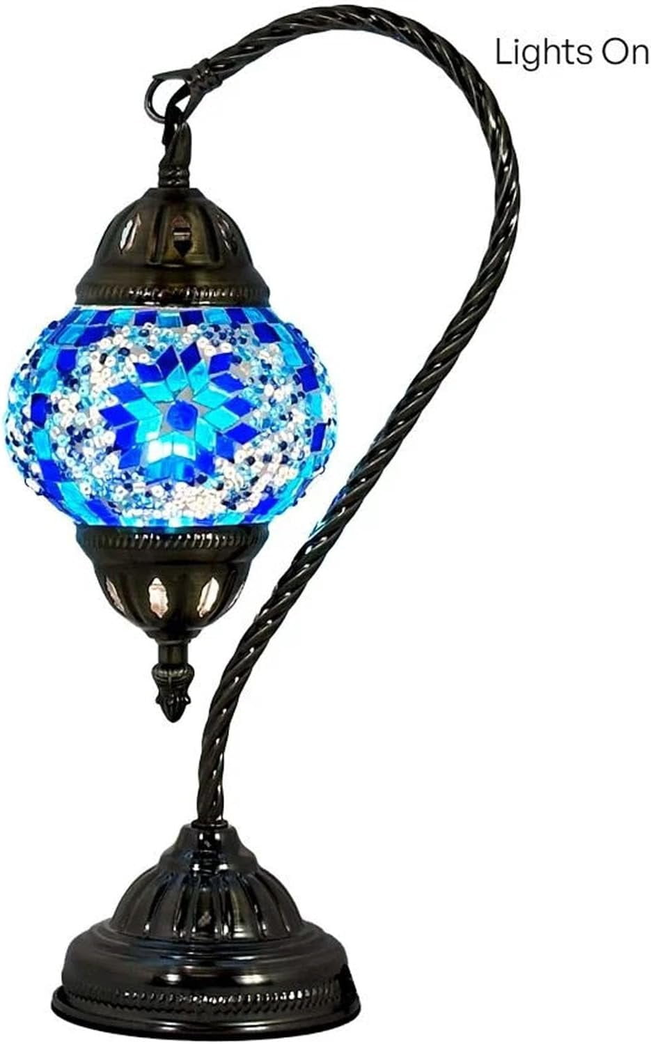 SILVERFEVER Turkish Moroccan Mosaic Table Lamp - Handmade Swan Neck Tiffany Glass Table Bedside Lamps w Bronze Base14.5 LED Bulb Included Deep Blue Flower