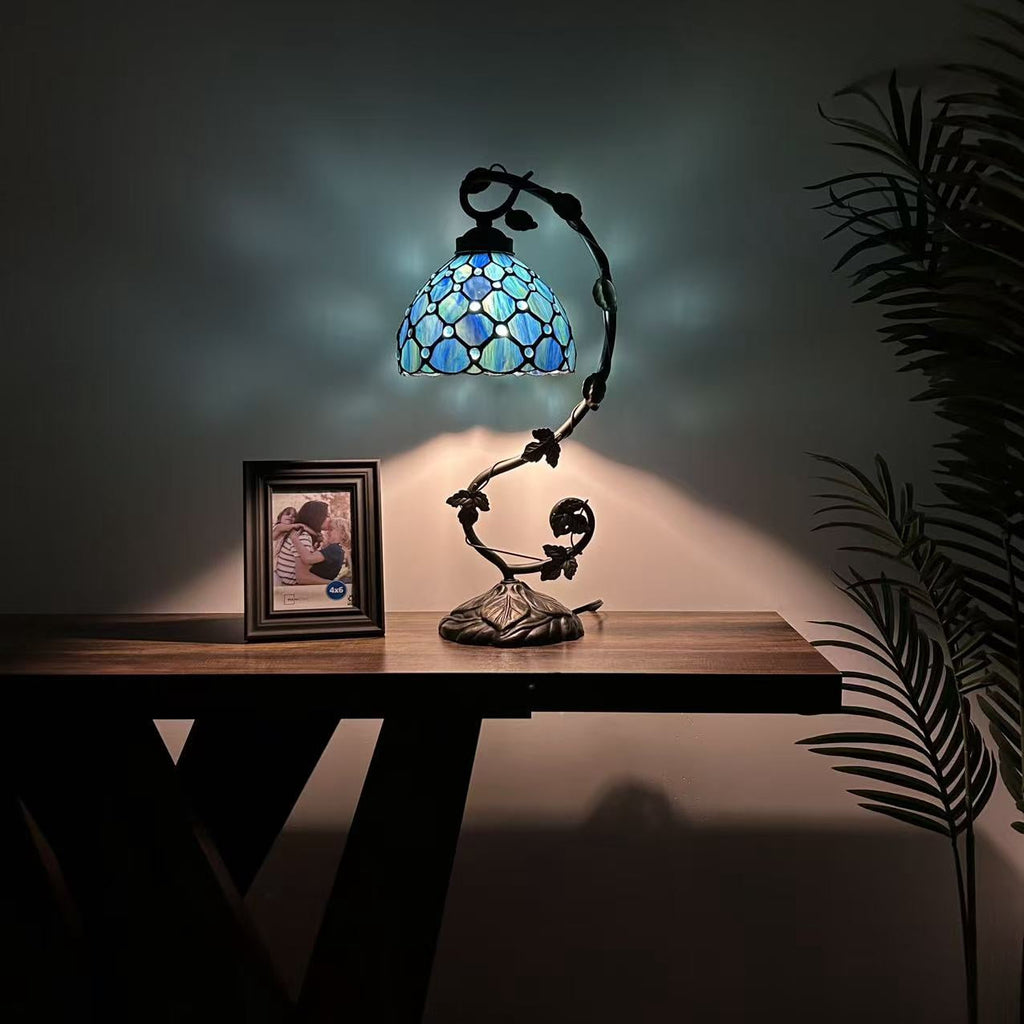 Tiffany Table Lamp Blue Stained Glass Crystal Beans LED Bulb Included for Living Room Bedroom Bedside 21"H