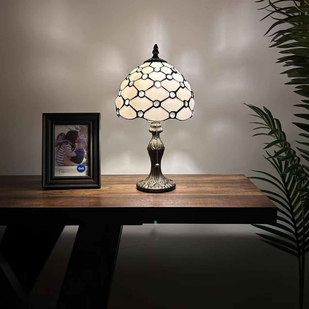 Tiffany Mini Table Lamp White Stained Glass Crystal Beans LED Bulb Included for Living Room Bedroom Bedside 15"H