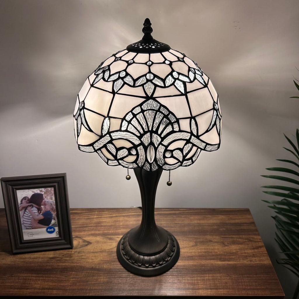 Tiffany Table Lamp White Stained Glass Baroque Style LED Bulbs Included Bedroom Living Room 12"W*12"D*22"H