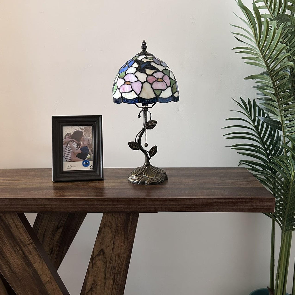 Tiffany Table Lamp Blue Pink Stained Glass Hummingbird Flowers LED Bulb Included for Living Room Bedroom Bedside 8"W*8"D*16"H
