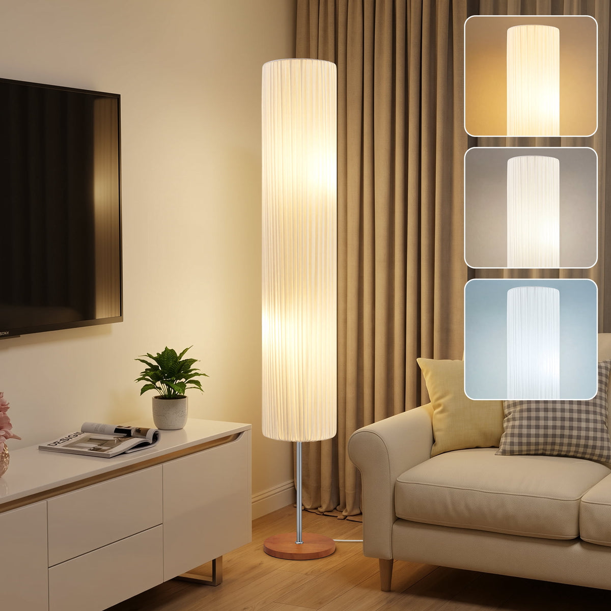 Cozylumi™ 66 Inch Adjustable Color Floor Lamp with Wooden Base Fabric Shade Bulbs