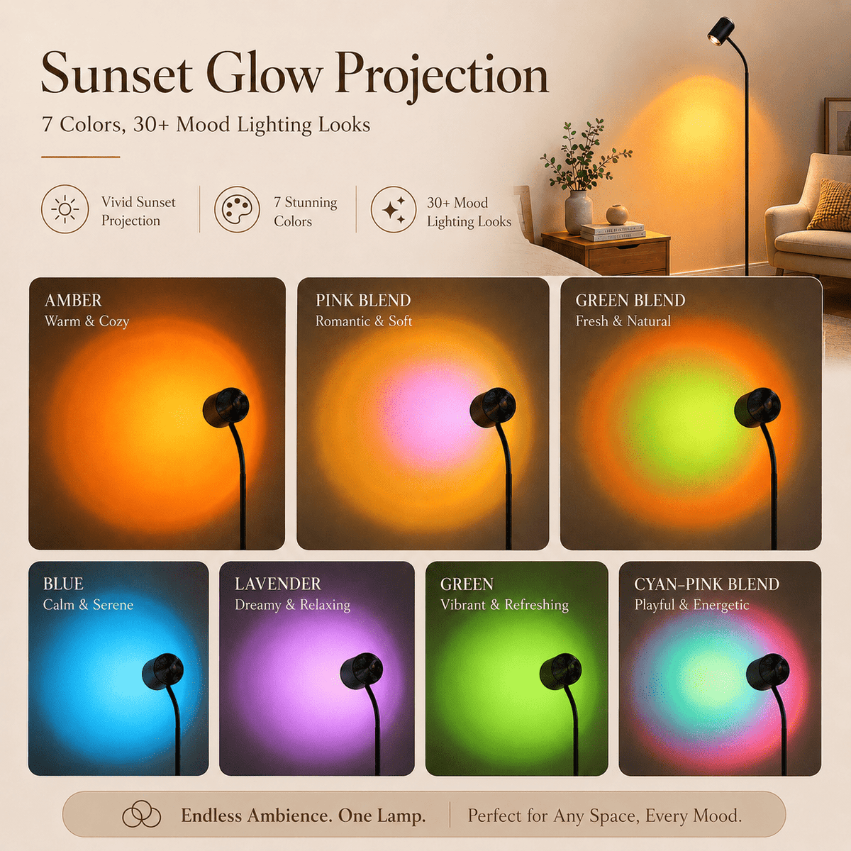 Cozylumi™ MEHOOM Sunset Standing Floor Lamp Projection with Ocean Wave, 360° Rotation