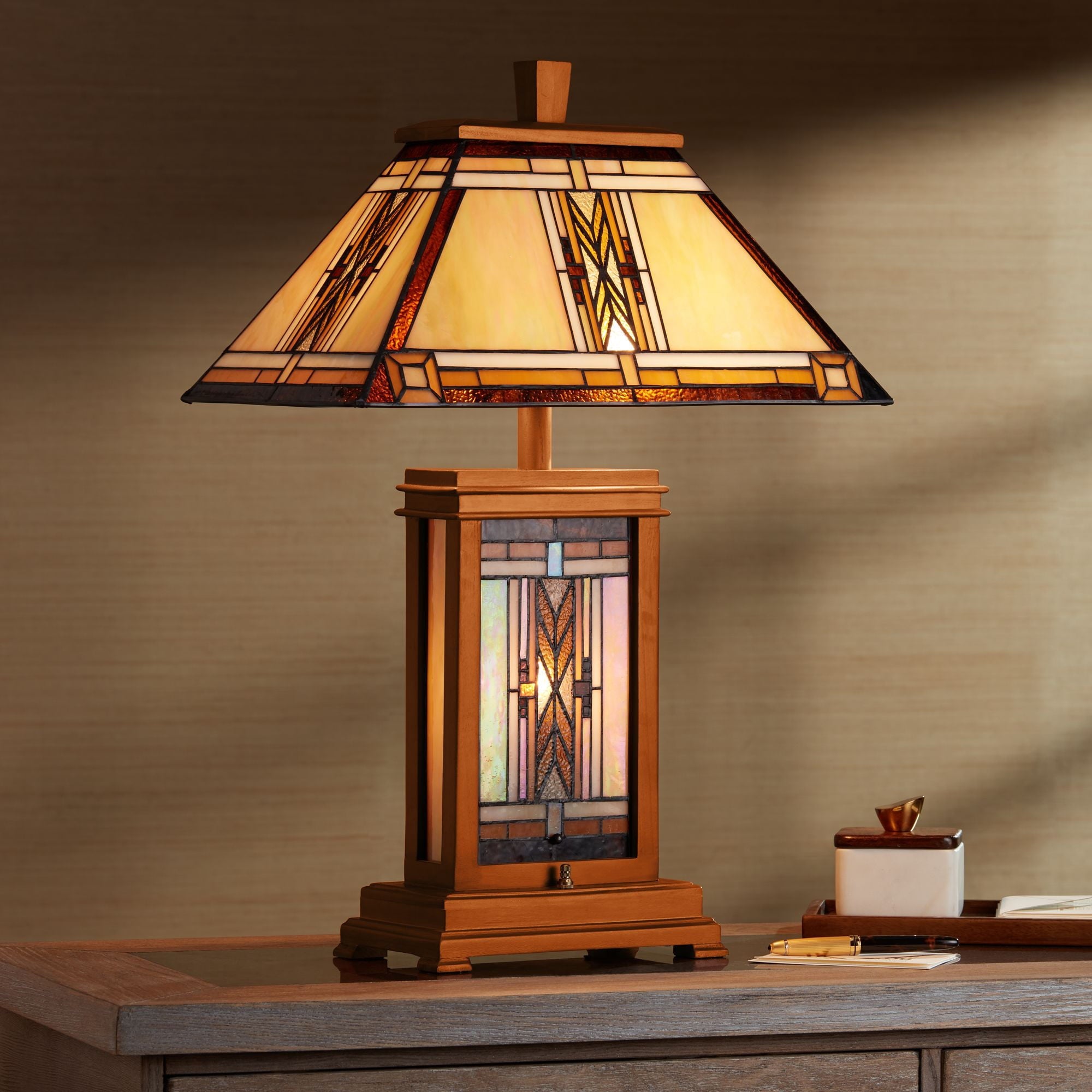 Robert Louis Tiffany Walnut Mission Rustic Table Lamp 27" Tall Wood with Nightlight Stained Art Glass Shade for Bedroom Living Room Bedside Nightstand