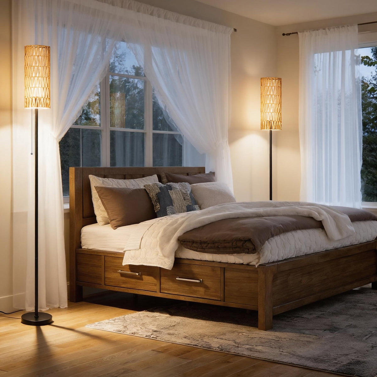 Cozylumi™ Coliware 63? Rattan Floor Lamp, Black Modern Standing Lamp with Pull Chain