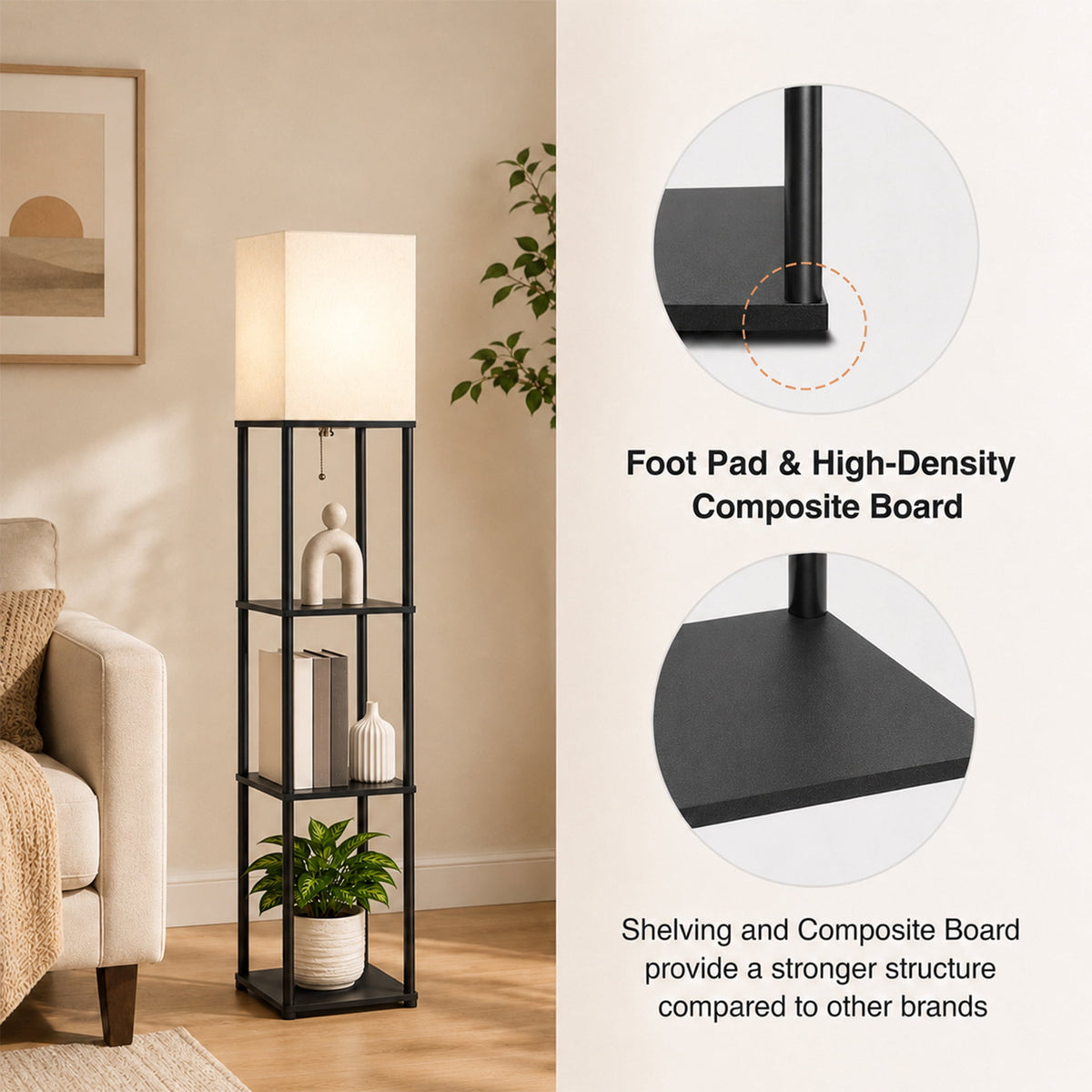 Cozylumi™ Floor Lamp With Shelves, 62? Black Shelf Floor Lamp with 9W LED Bulb, 3 Color