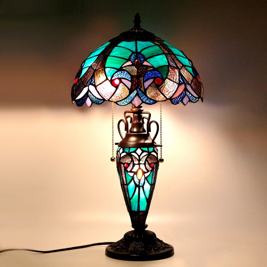 Stained Glass Rustic Table Lamp with Tiffany Style Green Liaison Nightlight 22" Tall Vintage Base Living Room Bedroom Dresser Bedside Nightstand Home Office Family Bar Led Bulb Included