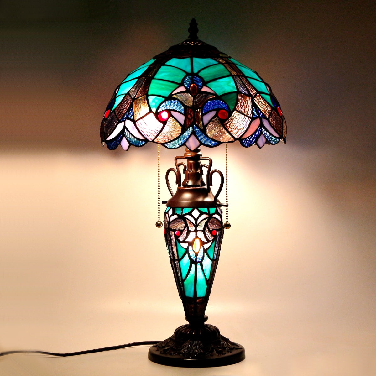 Stained Glass Rustic Table Lamp with Tiffany Style Green Liaison Nightlight 22" Tall Vintage Base Living Room Bedroom Dresser Bedside Nightstand Home Office Family Bar Led Bulb Included