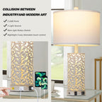 Cinkeda 24.5" White Tiffany-Style Table Lamp Set of 2, 3-Level Dimming Night Light Bedside Lamps with Dual USB Ports for Living Room Bedroom