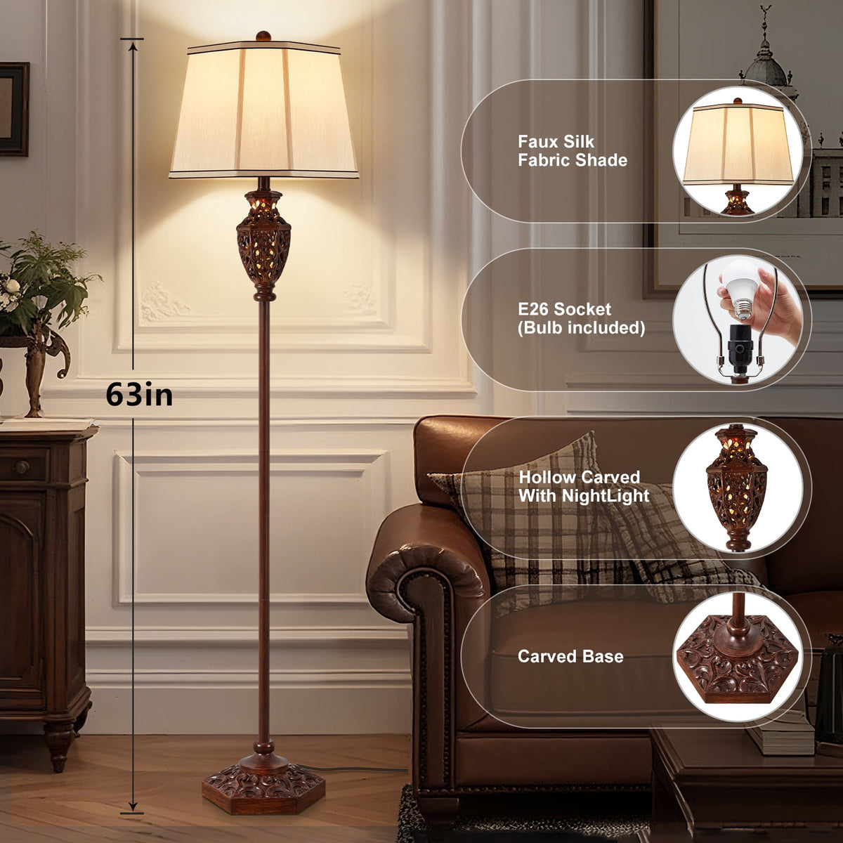 Cozylumi™ Vintage Floor Lamp for Living Room,63in Resin Brown Standing Lamp with