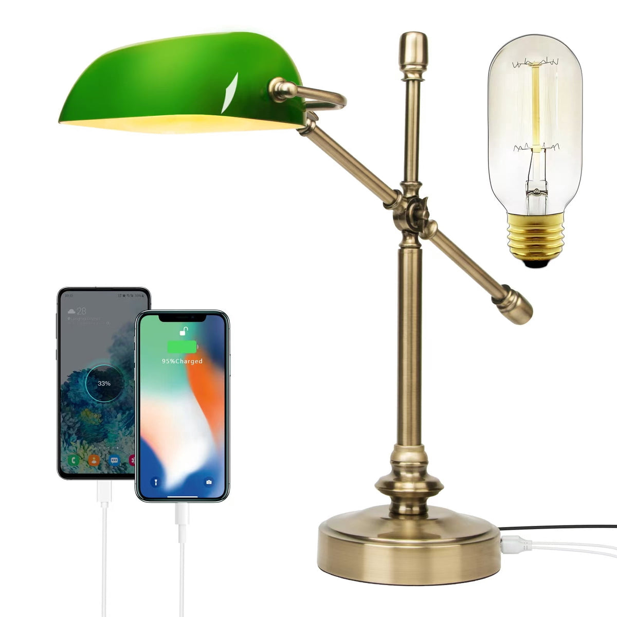 Vellune™ Novaretro Vintage Green Glass Bankers Floor Lamp with Adjustable Arm & Pull