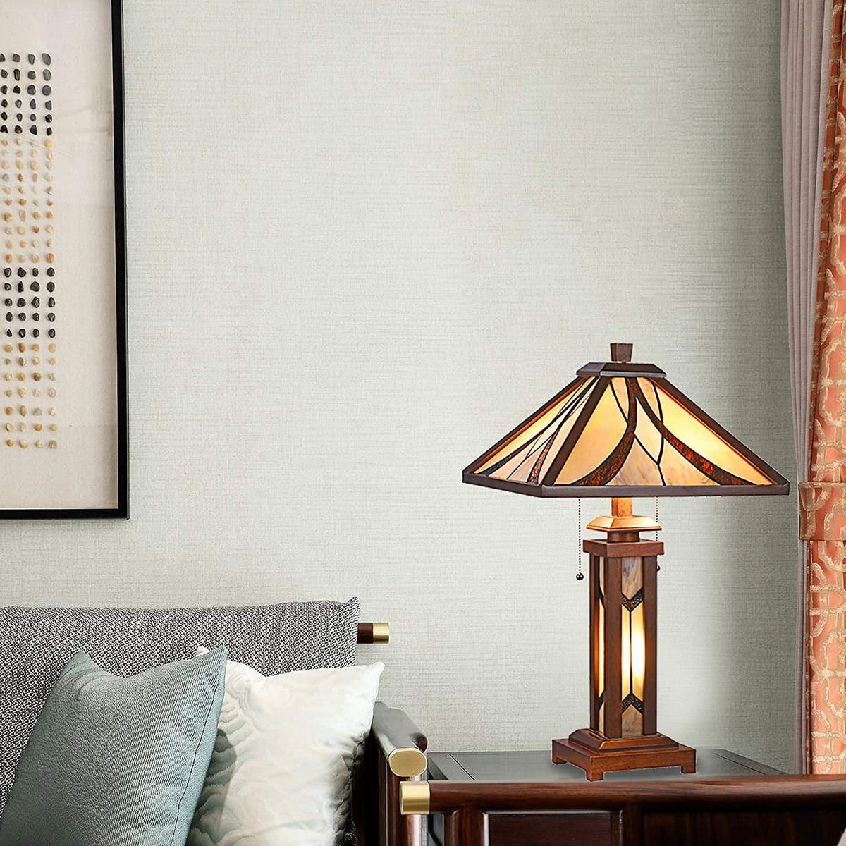 RADIANCE Goods Tiffany-Style Mission 3 Light Double Lit Wooden Table Lamp 15" Shade