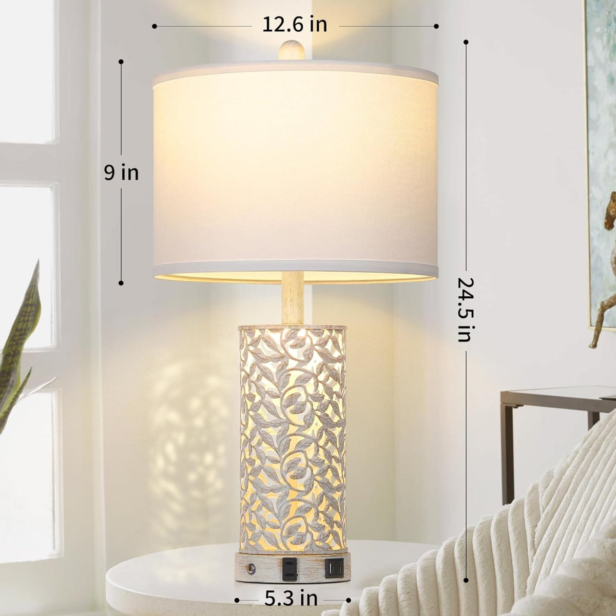 Cinkeda 24.5" White Tiffany-Style Table Lamp Set of 2, 3-Level Dimming Night Light Bedside Lamps with Dual USB Ports for Living Room Bedroom