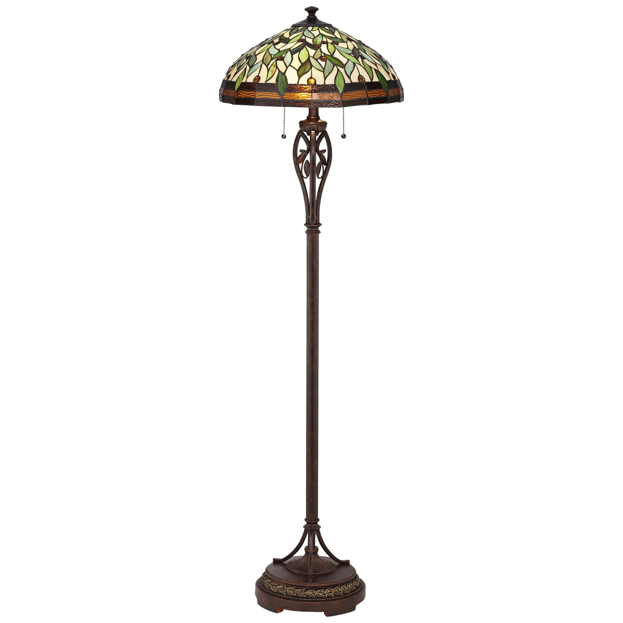 Robert Louis Tiffany Vintage Mission Floor Lamp Standing 60" Tall Bronze Leaf and Vine Stained Art Glass Shade for Living Room Bedroom Office House
