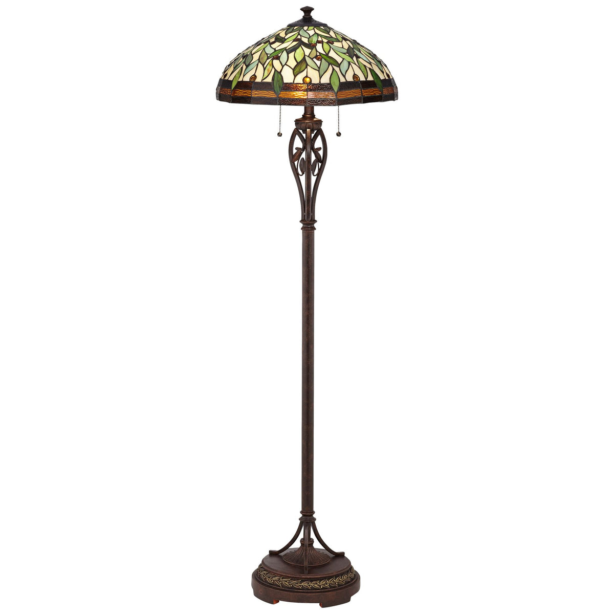 Robert Louis Tiffany Vintage Mission Floor Lamp Standing 60" Tall Bronze Leaf and Vine Stained Art Glass Shade for Living Room Bedroom Office House