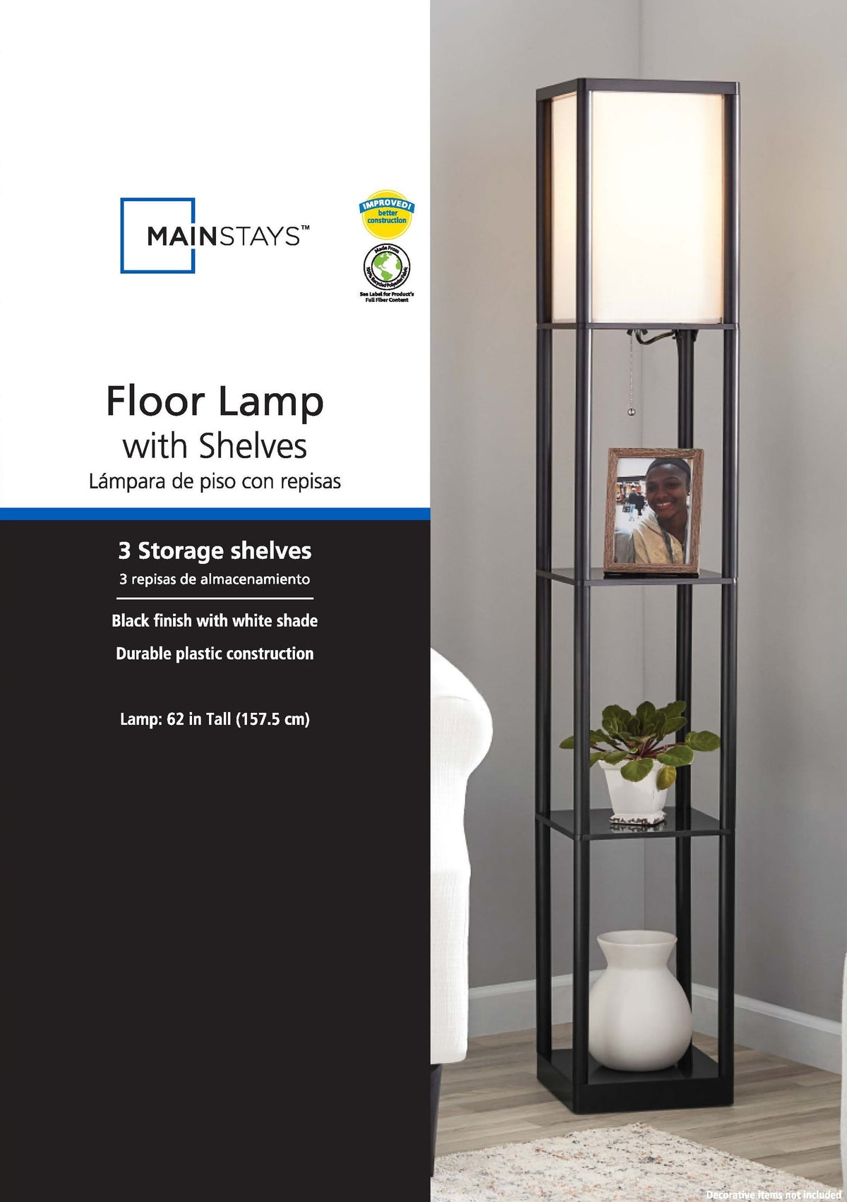 Cozylumi™ 62 Inch Floor Lamp With Black Plastic Shelves and Sustainable White Fabric Shade
