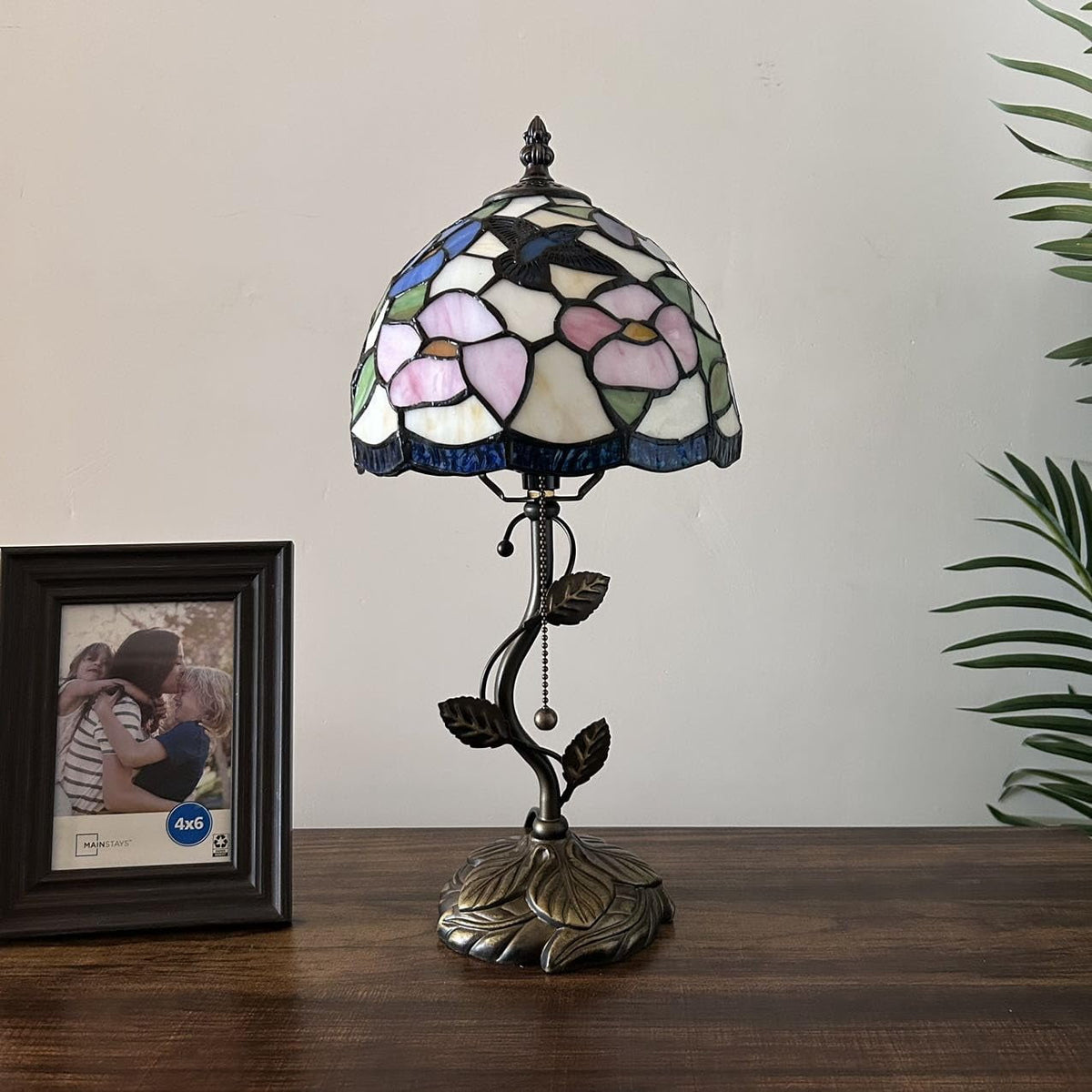 Tiffany Table Lamp Blue Pink Stained Glass Hummingbird Flowers LED Bulb Included for Living Room Bedroom Bedside 8"W*8"D*16"H