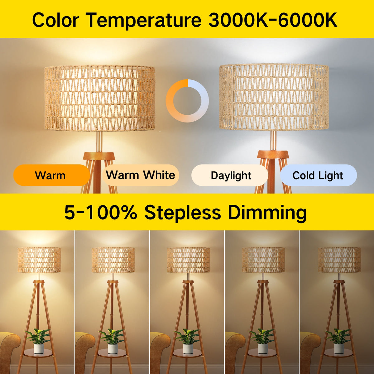 Cozylumi™ Boho Rattan Tripod Floor Lamp with Shelves, Dimmable Standing Lamp with