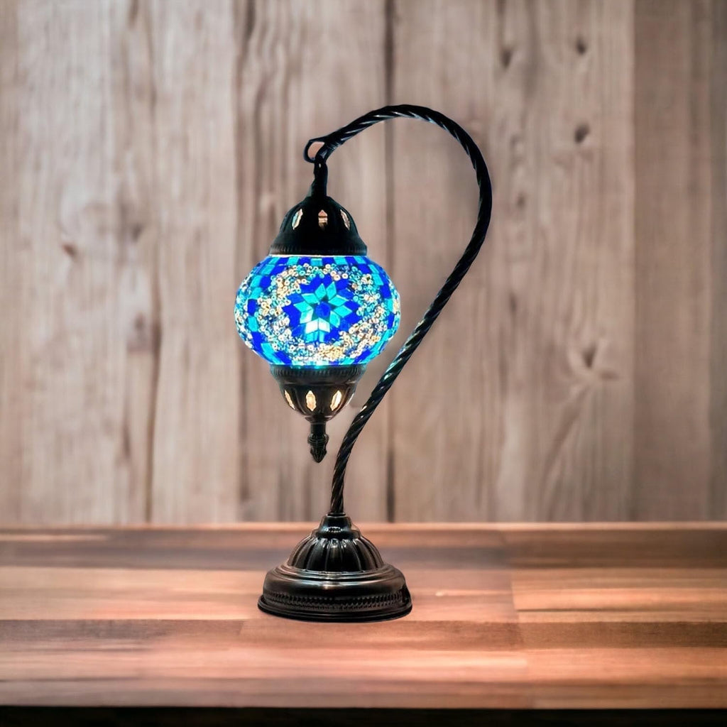 SILVERFEVER Turkish Moroccan Mosaic Table Lamp - Handmade Swan Neck Tiffany Glass Table Bedside Lamps w Bronze Base14.5 LED Bulb Included Deep Blue Flower