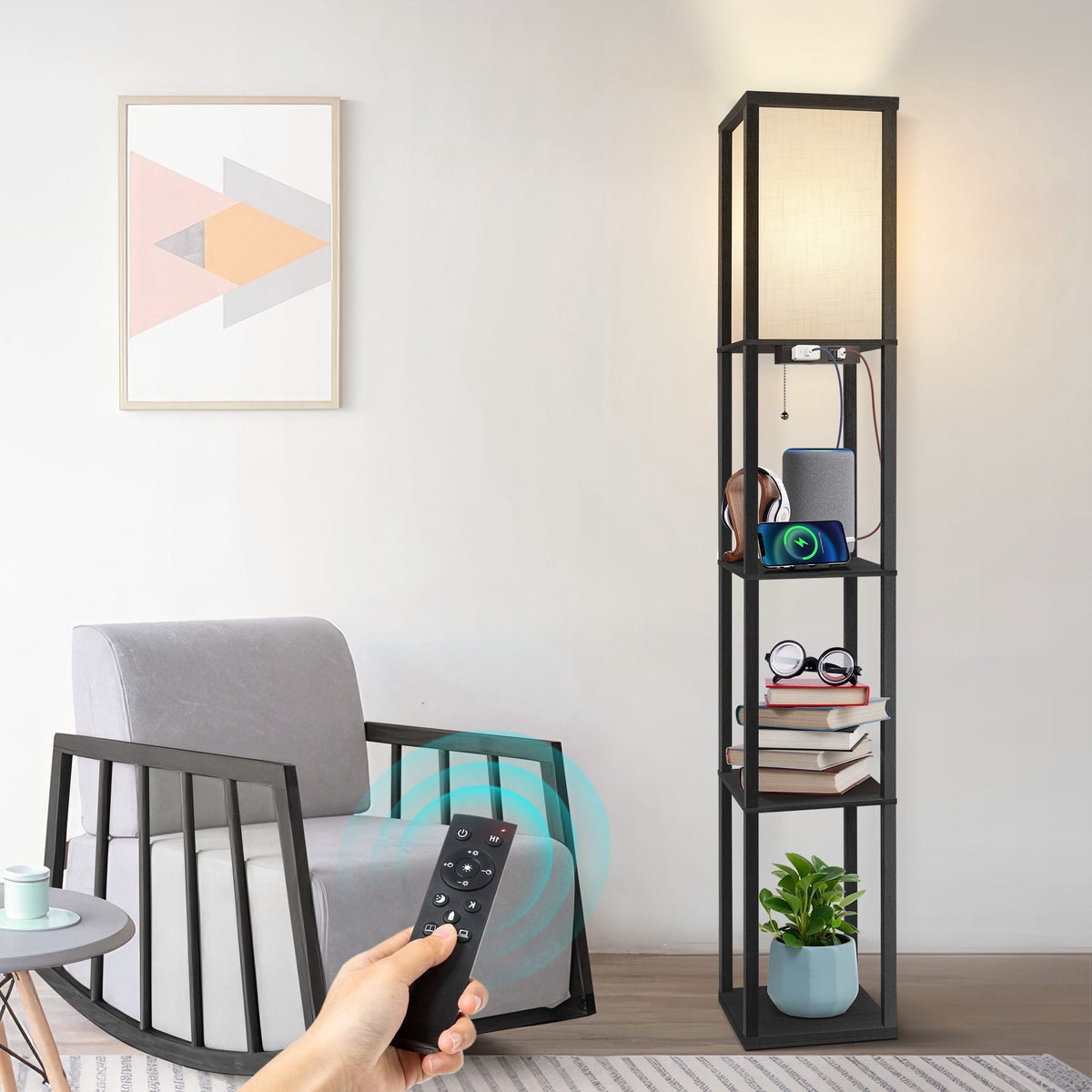 Cozylumi™ Floor Lamp with Shelves and Charging, 63.7'' Dimmable Standing Tall Wood