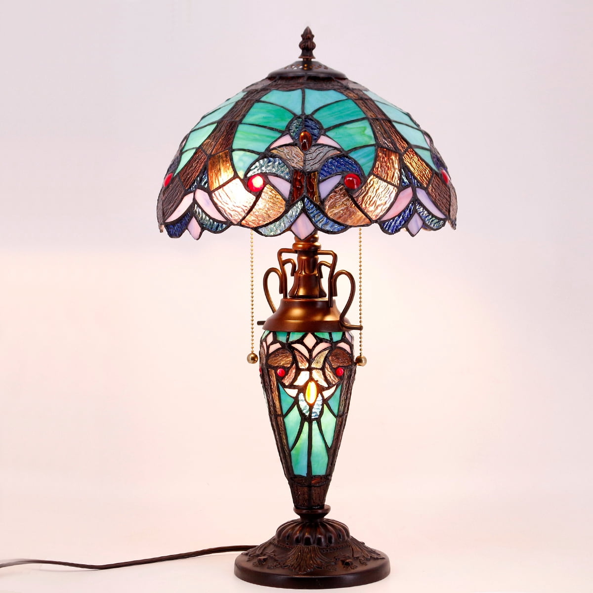 Stained Glass Rustic Table Lamp with Tiffany Style Green Liaison Nightlight 22" Tall Vintage Base Living Room Bedroom Dresser Bedside Nightstand Home Office Family Bar Led Bulb Included