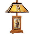 Robert Louis Tiffany Walnut Mission Rustic Table Lamp 27" Tall Wood with Nightlight Stained Art Glass Shade for Bedroom Living Room Bedside Nightstand