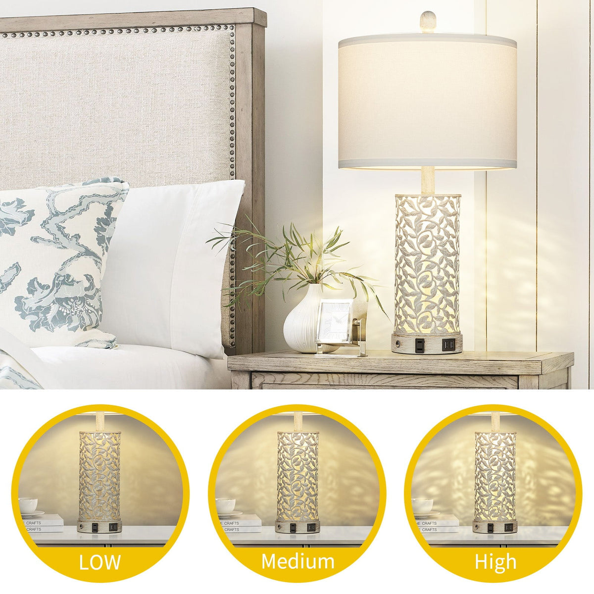 Cinkeda 24.5" White Tiffany-Style Table Lamp Set of 2, 3-Level Dimming Night Light Bedside Lamps with Dual USB Ports for Living Room Bedroom