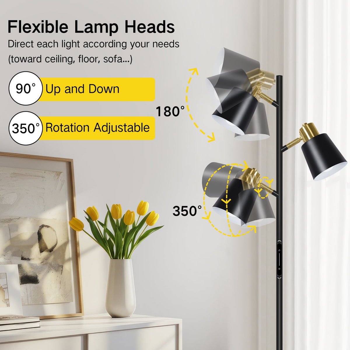 Cozylumi™ Tree Floor Lamp with 3 Adjustable Rotating Lights, Standing Tall Pole Lamps