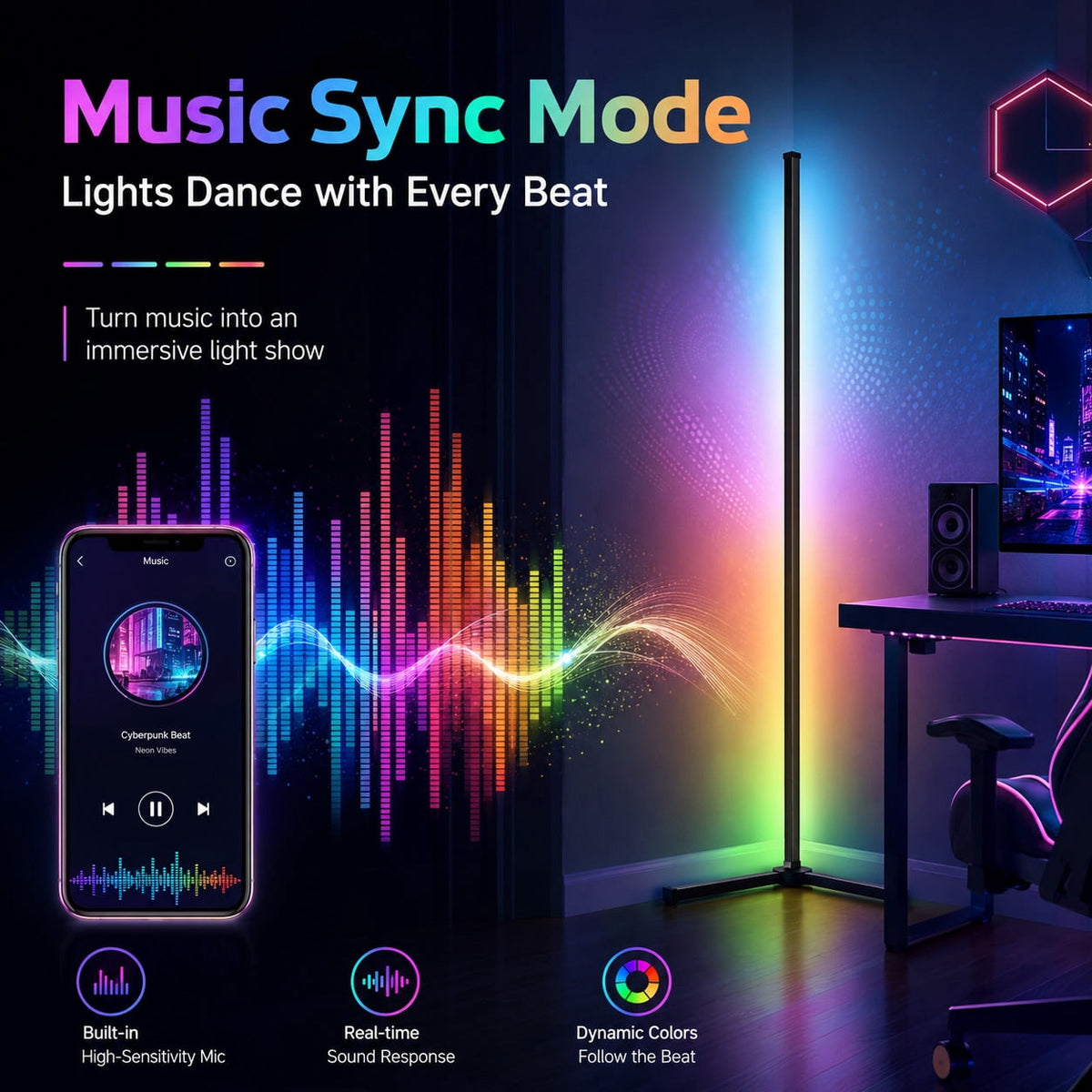 Cozylumi™ Rirool RGB Corner Floor Lamp, 55.91 in LED Standing Light with App Remote
