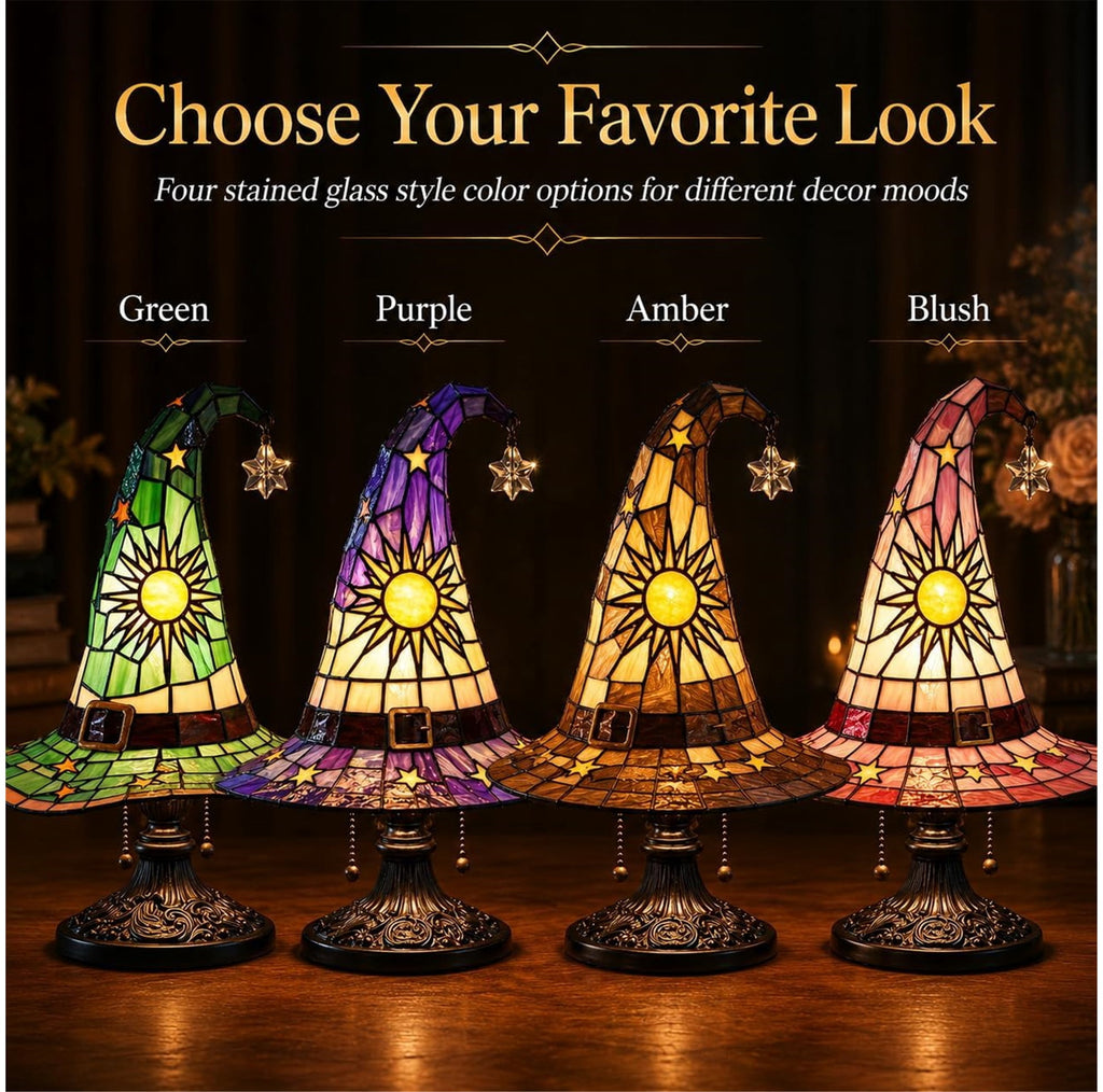 Stained Glass Witch Hat Lamp, Tiffany Style USB LED Night Light for Halloween Party & Witchy Home Decor,Amber,11.81 in