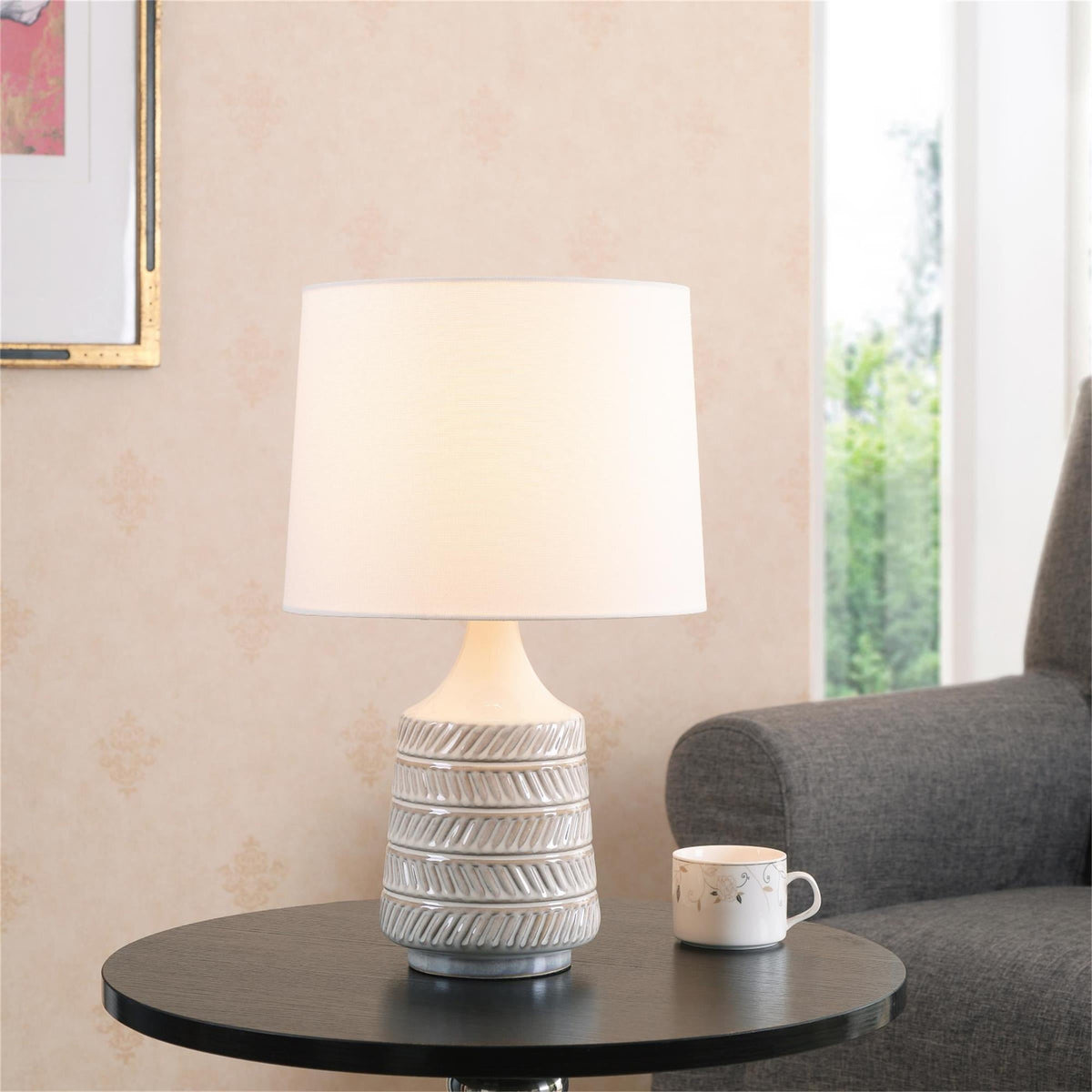 Cozylumi™ White and Beige Etched Ceramic Table Lamp with Shade 17"H