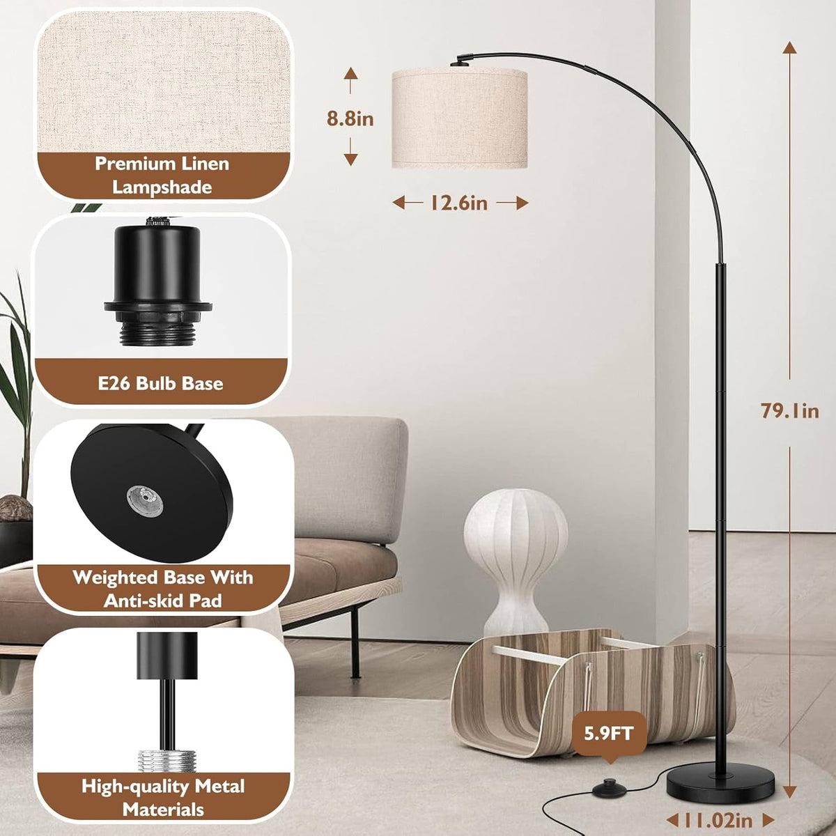Cozylumi™ Nordic Hygge 79 Inch Arc Floor Lamps with Weighted Base