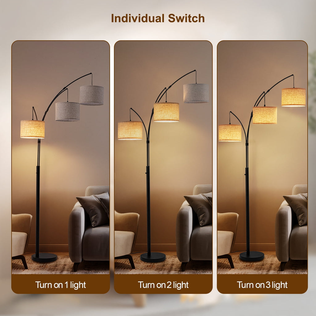 Cozylumi™ Netin 80? 3-Light Modern Dimmable Black Arc Floor Lamp with Beige Shades
