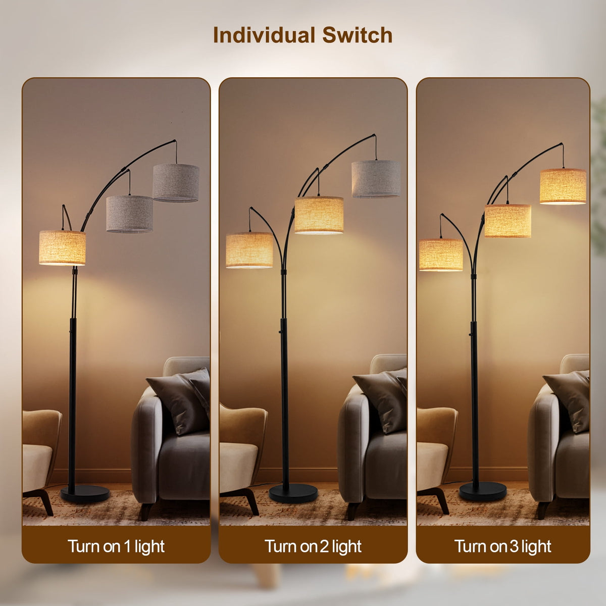 Cozylumi™ Netin 80? 3-Light Modern Dimmable Black Arc Floor Lamp with Beige Shades