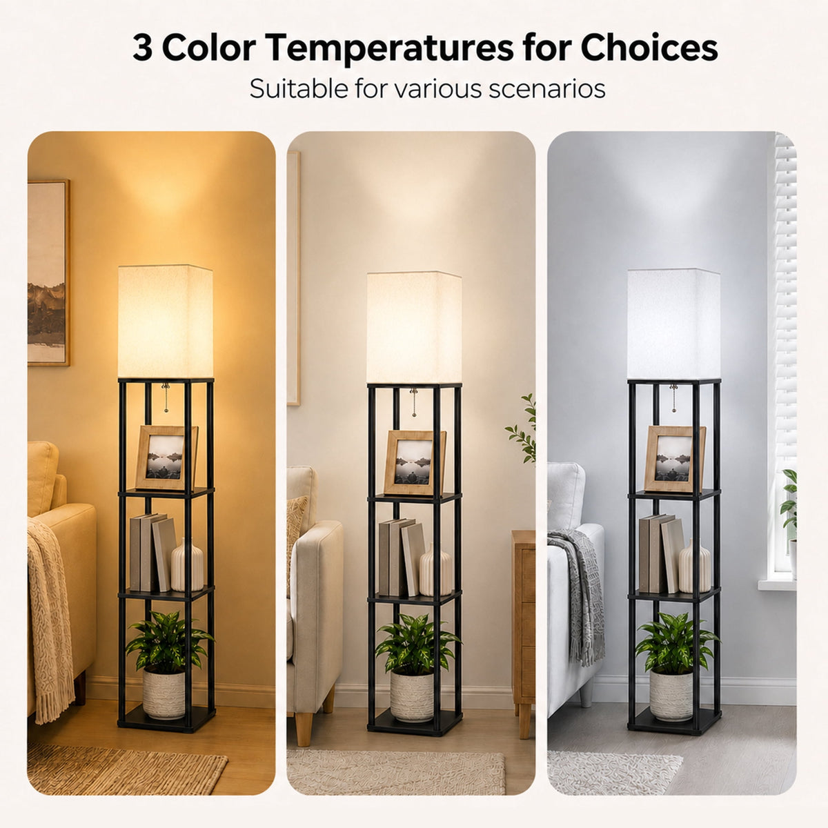 Cozylumi™ Floor Lamp With Shelves, 62? Black Shelf Floor Lamp with 9W LED Bulb, 3 Color
