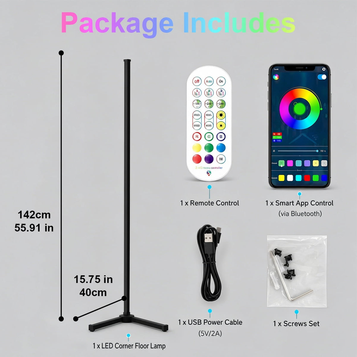Cozylumi™ Rirool RGB Corner Floor Lamp, 55.91 in LED Standing Light with App Remote