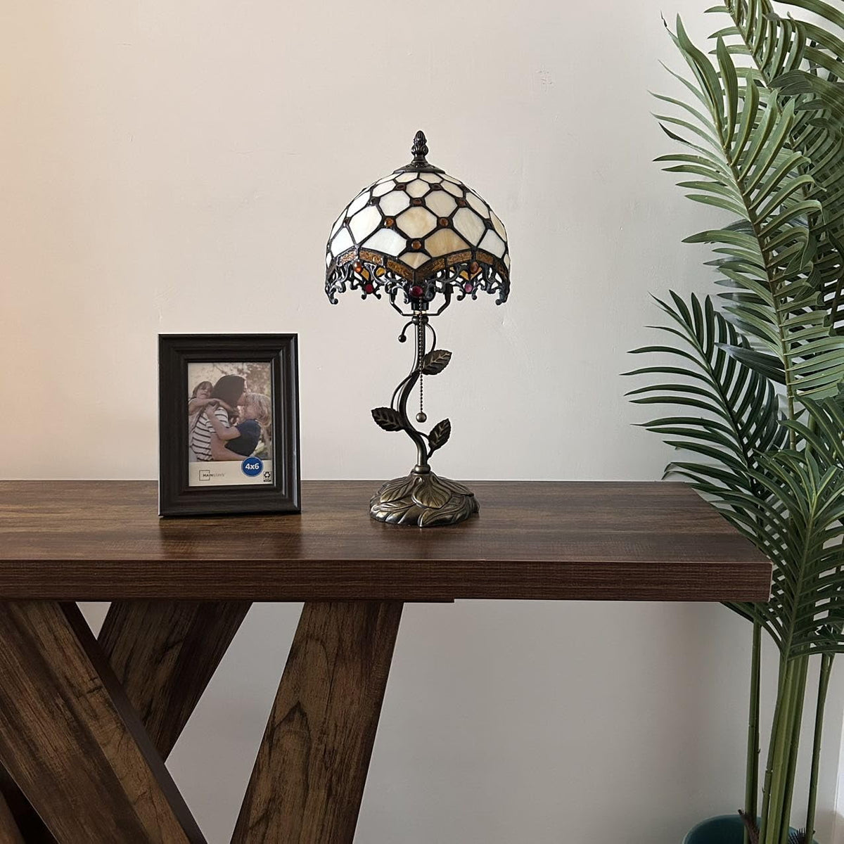 Tiffany Table Lamp Beige Stained Glass Crystal Beans LED Bulb Included for Living Room Bedroom Bedside 8"W*8"D*16"H