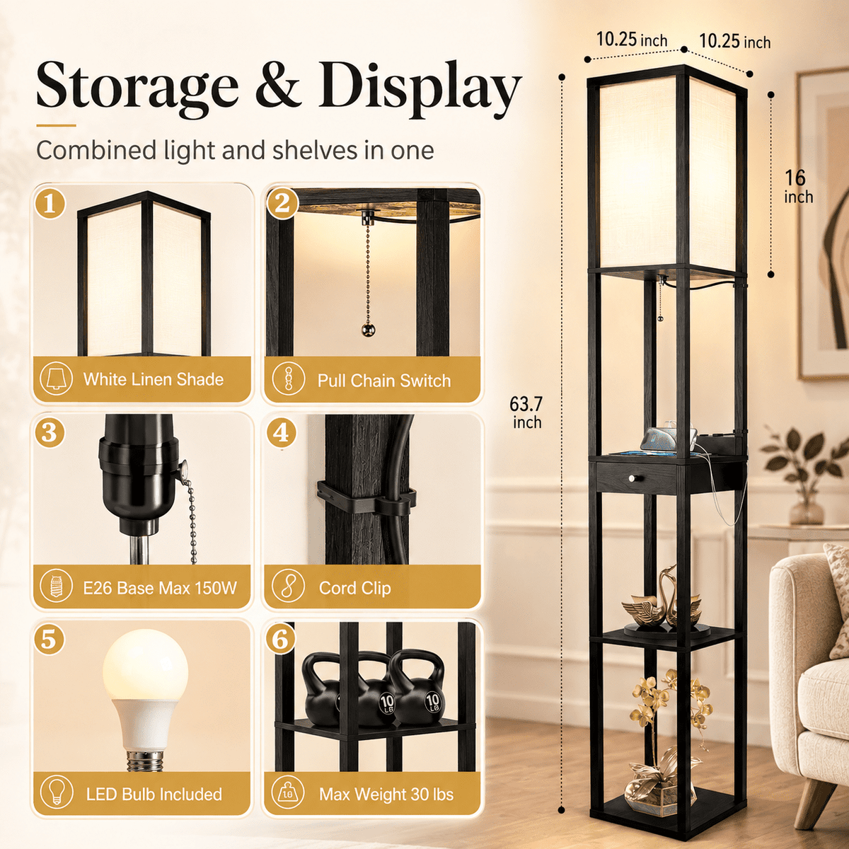 Cozylumi™ Floor Lamp with Shelves & Drawer, LED Standing Lamps with 3 Color