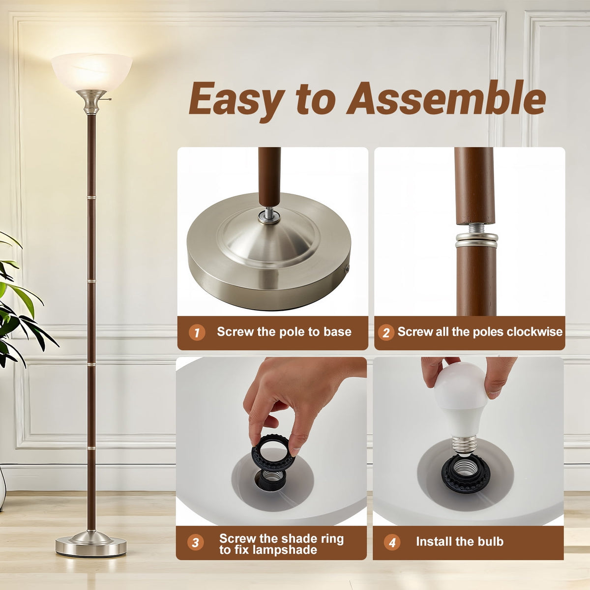 Cozylumi™ Wood Floor Lamp for Living Room - Standing Lamp with Glass Shade Floor Lamps