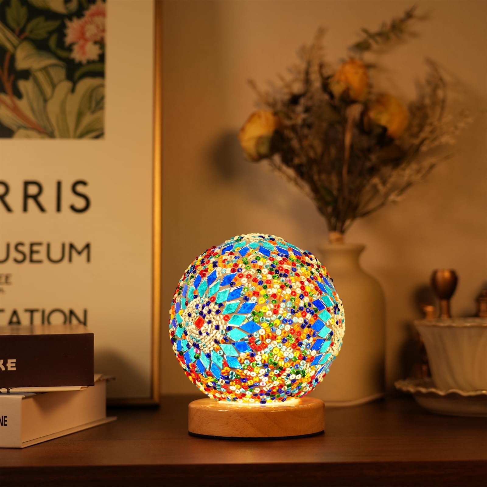 HomWamee Turkish Table Lamp, Mosaic Glass Lamps, Bohemian Tiffany, USB Powered Moroccan Lantern (Boho Blue)