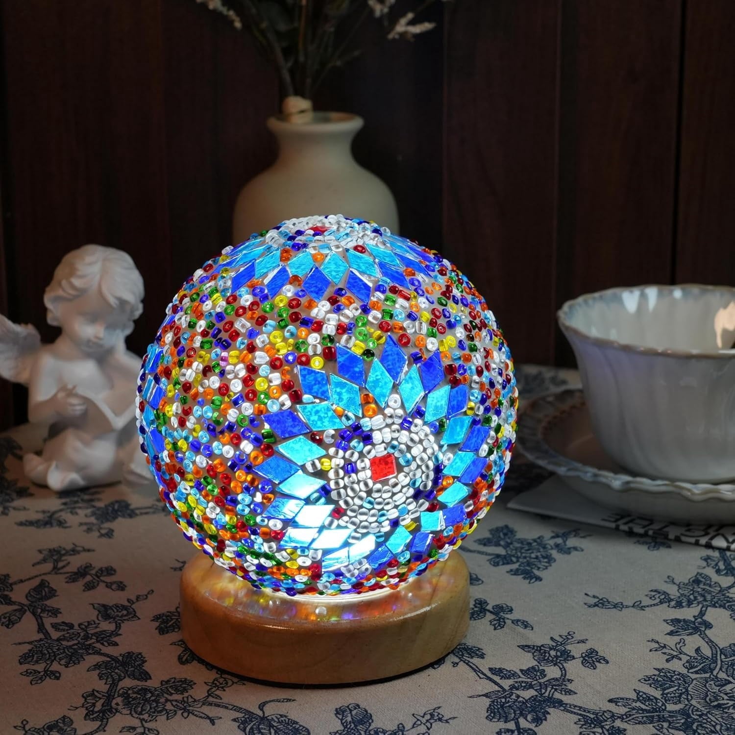 HomWamee Turkish Table Lamp, Mosaic Glass Lamps, Bohemian Tiffany, USB Powered Moroccan Lantern (Boho Blue)