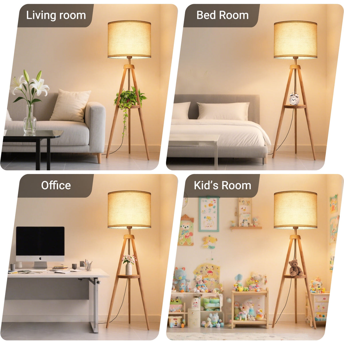Cozylumi™ Floor Lamp for Living Room, 60'' Wood Tripod Floor Lamp with Shelves, 3 Color