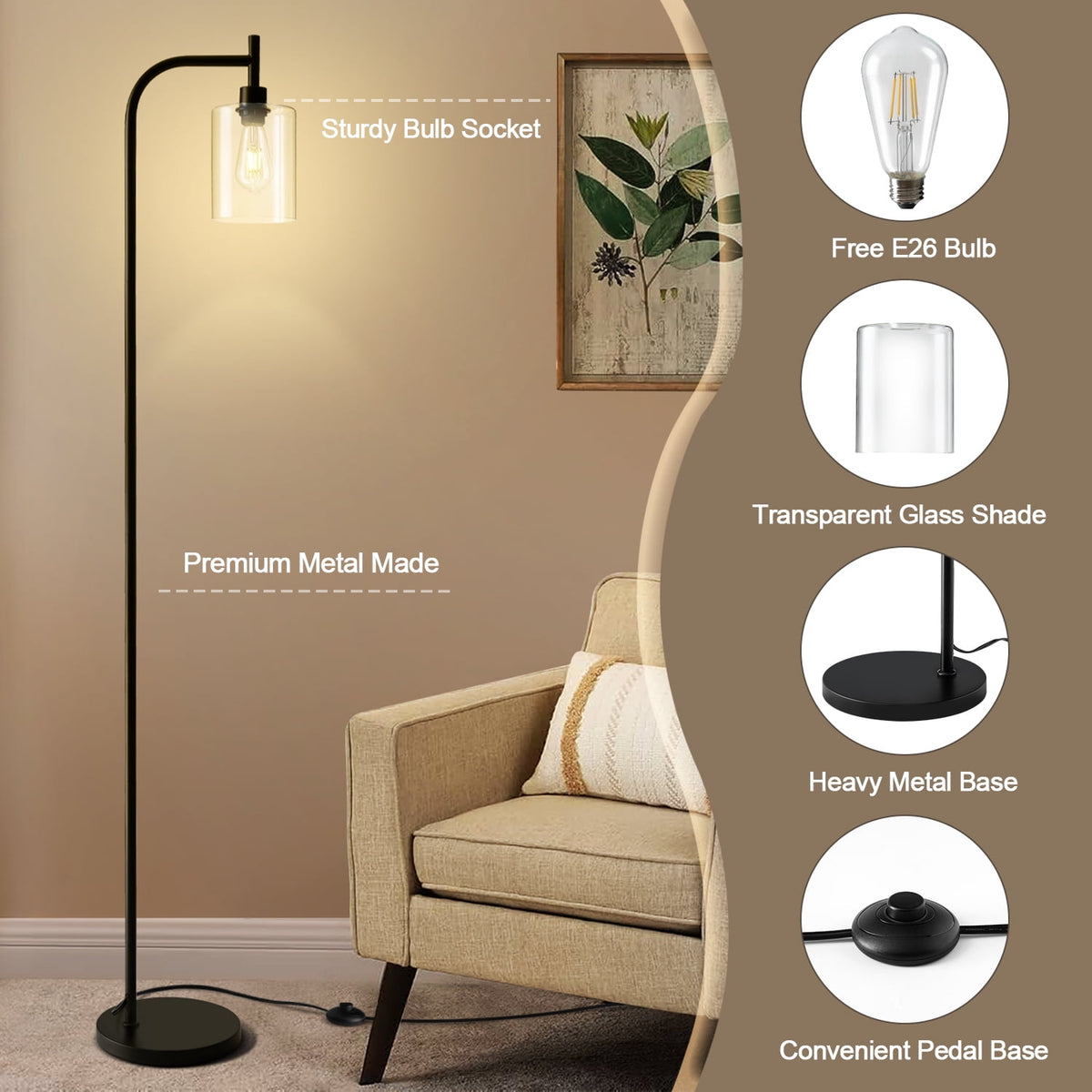 Cozylumi™ Vesteel Arc Floor Lamp for Living Room, Modern Standing Lamp with Glass