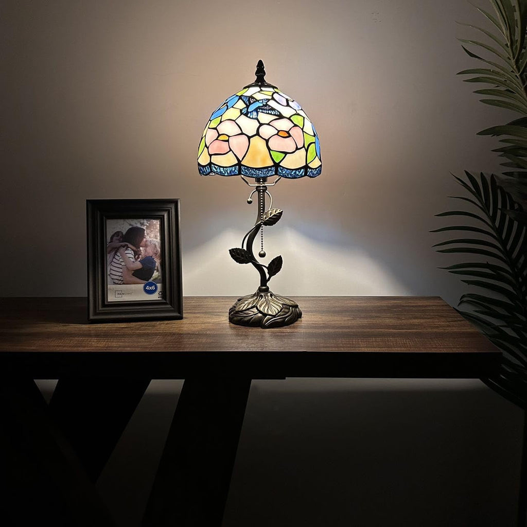 Tiffany Table Lamp Blue Pink Stained Glass Hummingbird Flowers LED Bulb Included for Living Room Bedroom Bedside 8"W*8"D*16"H